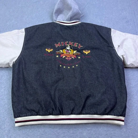 VTG Mickey Mouse True Varsity Jacket XL‎ Black/Tan Disney Bomber 90s Hooded READ - Picture 12 of 16